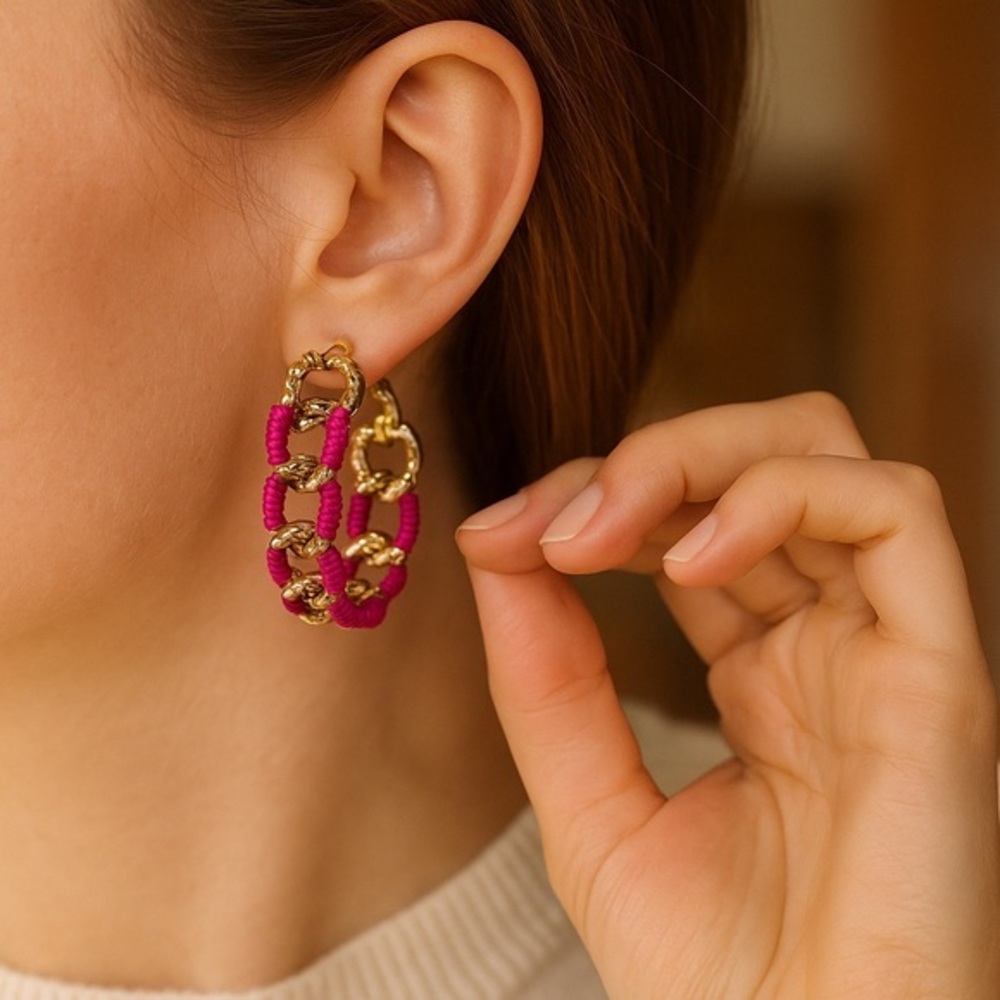 💞 Gold & Pink Chain Hoop Earrings – Gift for Her